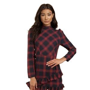 The Fifth Label Plaid Mock-Neck Party Dress with Ruffle Detail